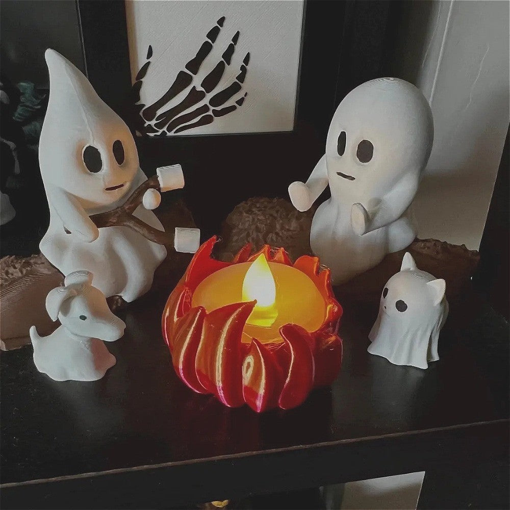 Halloween Ghost Nightlight Campfire Figurine Set Cute Ghost Statue Small Campfire Light Fun Halloween Decor Gift for Home Party