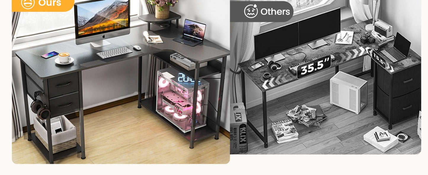Mesa Gamer em L com Gavetas, Mesa de Computador em Fibra de Carbono com Suporte para Monitor, Mesa Gamer para Escritório Doméstico