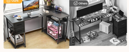 Mesa Gamer em L com Gavetas, Mesa de Computador em Fibra de Carbono com Suporte para Monitor, Mesa Gamer para Escritório Doméstico