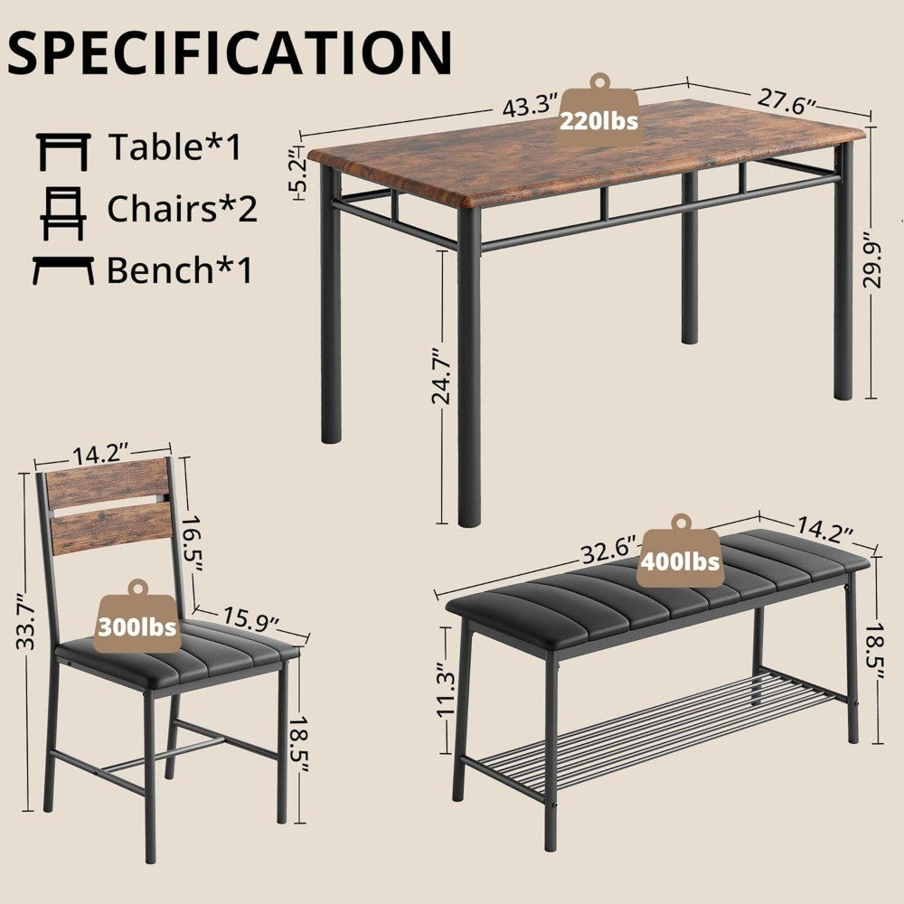 4-Piece Dining Set with Upholstered Bench and Chairs, Compact Kitchen Table for Small Spaces