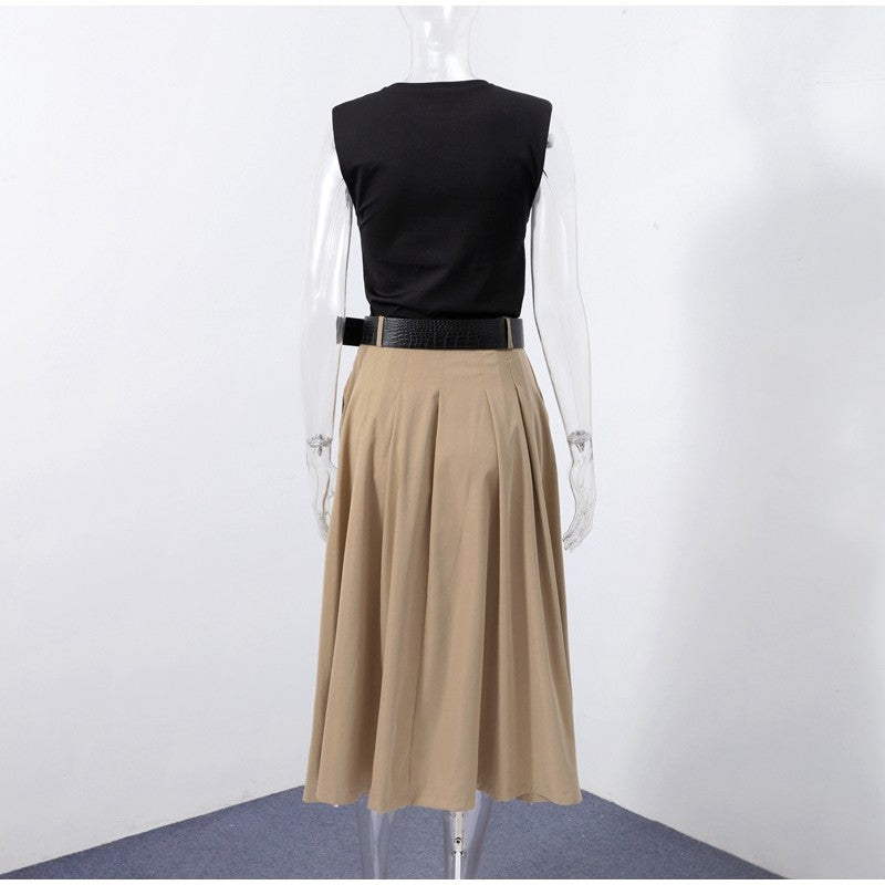 Fashion Patchwork Pleated Long Dress With Belt Women Chic Sleeveless Tank Maxi M