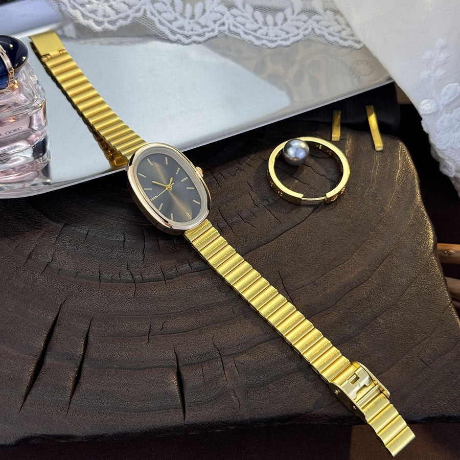 New Golden Retro Fashion Elliptical Quartz Watch Ladies Steel Strap Gold Watch Stylish Niche Timepiece