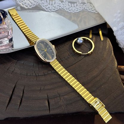 New Golden Retro Fashion Elliptical Quartz Watch Ladies Steel Strap Gold Watch Stylish Niche Timepiece