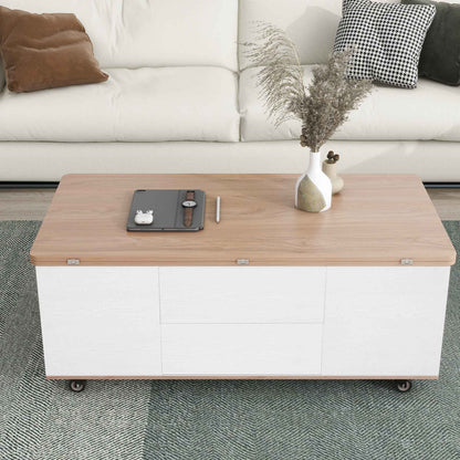 Modern Walnut & White Lift-Top Coffee Table, Multi-Functional with Drawers & Shelves