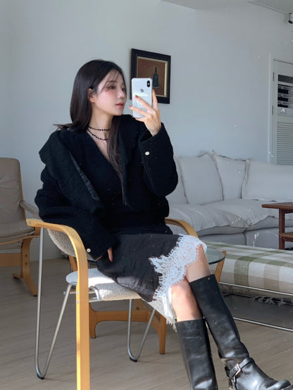 High-end Unique Button-down Woolen Cropped Coat Women Fall Winter Black White Jacket Vintage Design Long Sleeve Coats 2025