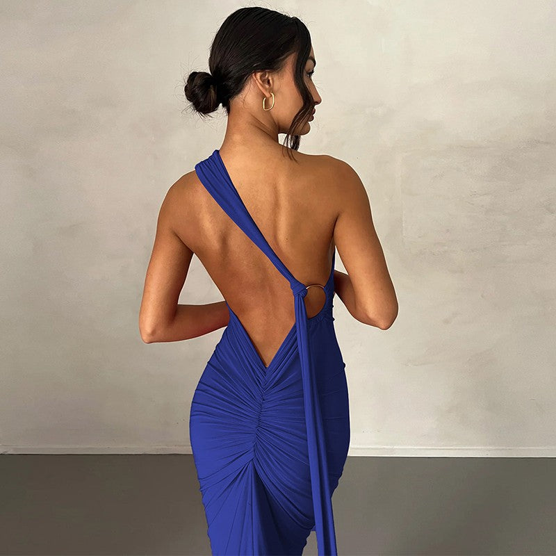 Hugcitar One Shoulder Backless Adjustable Scarf Loop Ruched Sexy Maxi Dress Wome