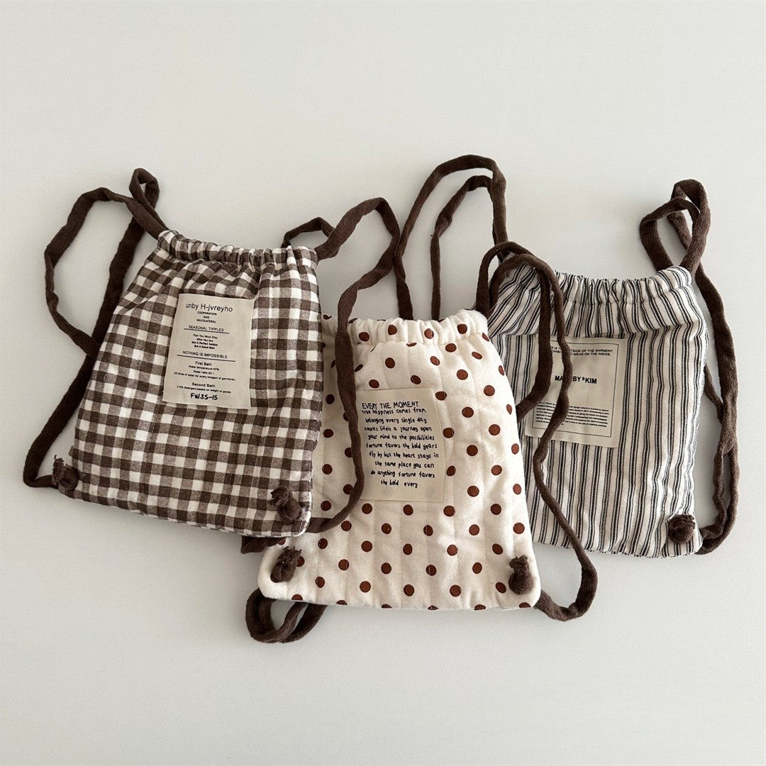 Mochila de cordão estilo coreano para bebês, inverno, bolinhas, listras, xadrez, leve, bolsa de ombro para crianças