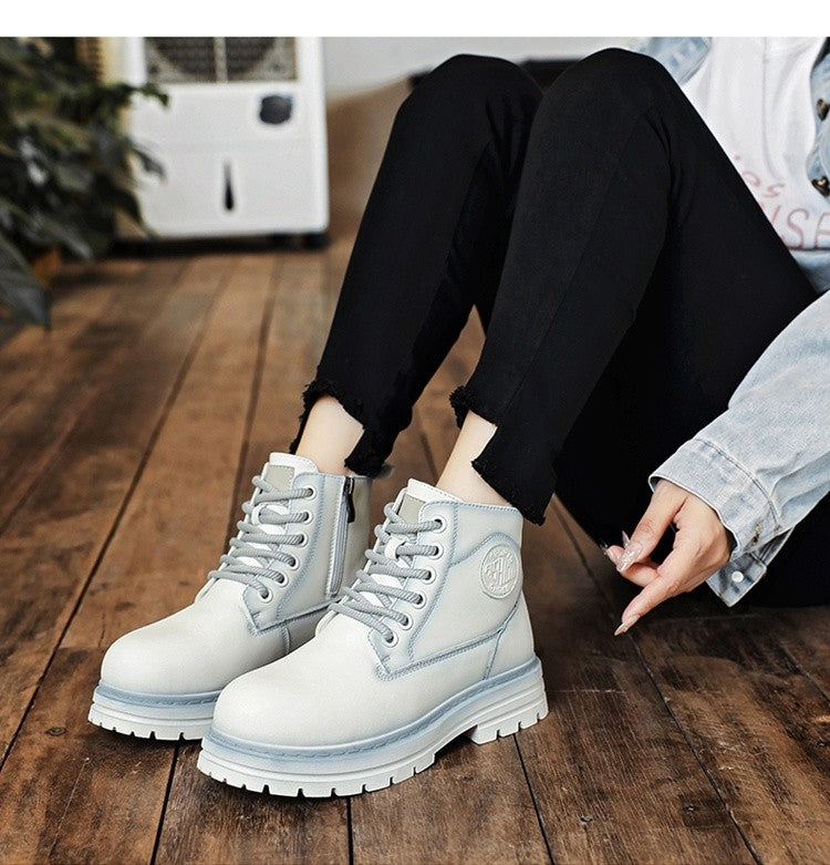 New winter men's shoes rain boots motorcycle leather shoes plush warm outdoor leisure high-top lace-up women's boots