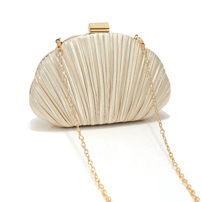 Shell Design Ruched Women Evening Bags Apricot Color Glitter Satin Luxury Party Dress Clutch Bags With Shoulder Chain Messenger