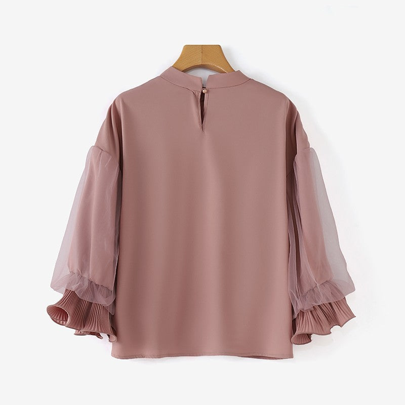 ZANZEA Women Elegant Party Blouse Chic Mesh Ruffle 3/4 Sleeve Tops 2025 Autumn Designer Stand Collar Shirts Korean Loose Tunics