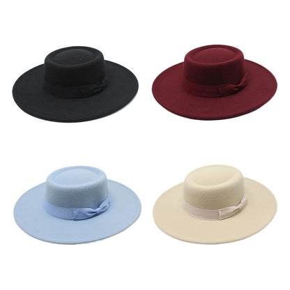 French Bow Tie Fedora Hat Winter Autumn Imitation Woolen Ladies Fedoras Top Wedding Jazz Hats Flat Top Felt Hat Bowler Hats