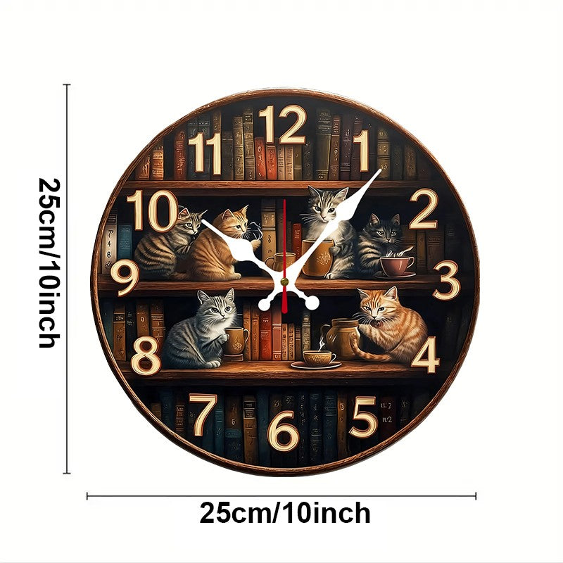 Bookshelf With Cats Wooden Round Silent Hanging Wall Clock, Suitable For Living Room, Office,Study Room,Bedroom, Home Decoration