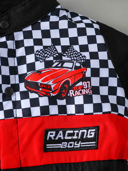 Newborn Baby Boy Styling Suit Mini Racer Outfit with Embroidered Stand Collar and Zipper Denim Overalls