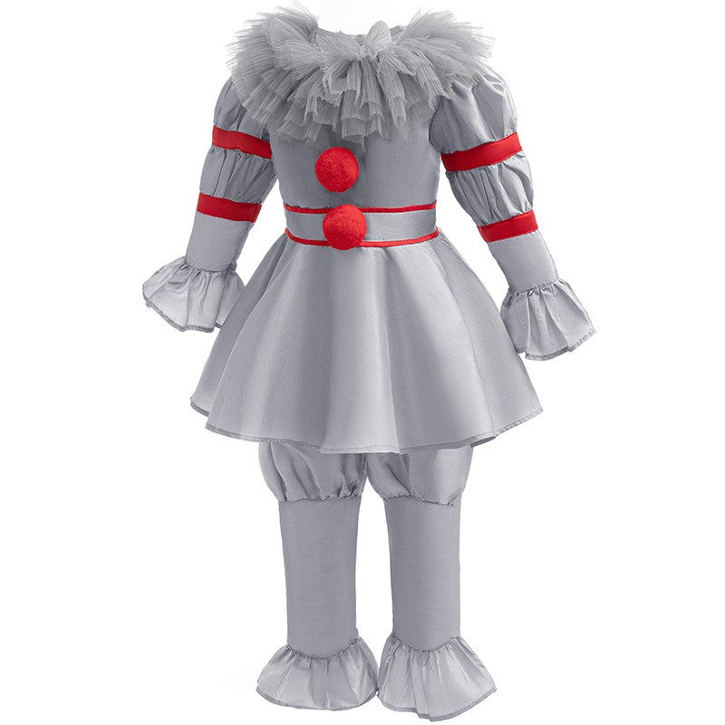 Kids Scary Joker Pennywise Cosplay Costume Horror Ghost Movie It Puff Sleeve Tulle Collar Top With Pants For Halloween Carnival