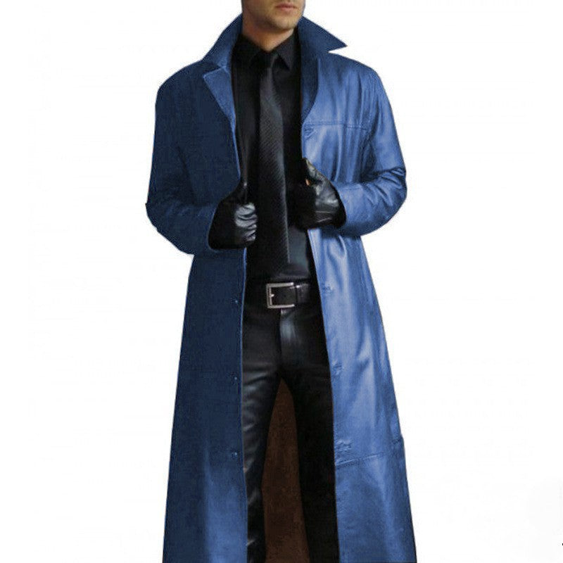2025 Men Faux Leather Trench Fashion Long Sleeve Autumn Windbreaker Coat Slim Leather Long Leather Jacket Men's Jacket Outwear