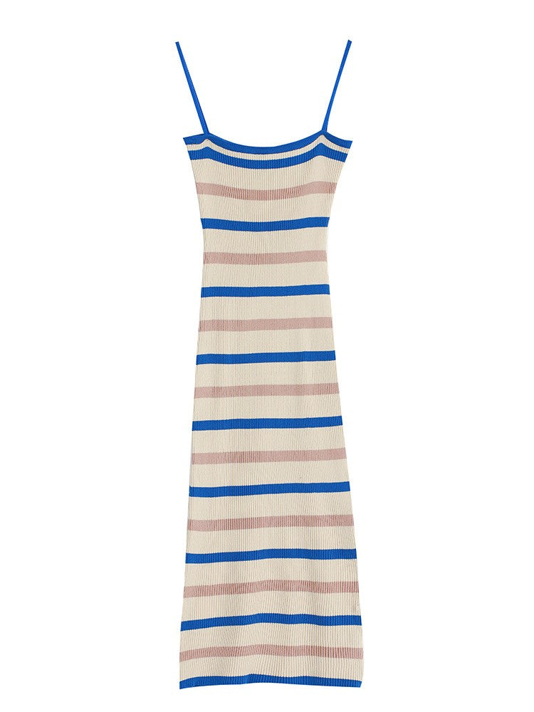 Elegant Camisole Dress Women's Summer New Sleeveless Slim Knitted Striped Midi D