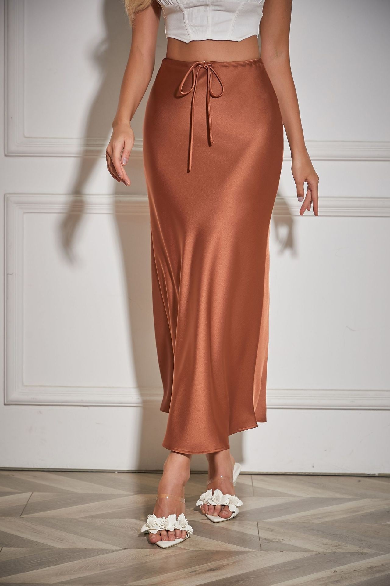 New In 2025 Spring Summer Solid Color Satin Long Skirt For Women High Waist Lace
