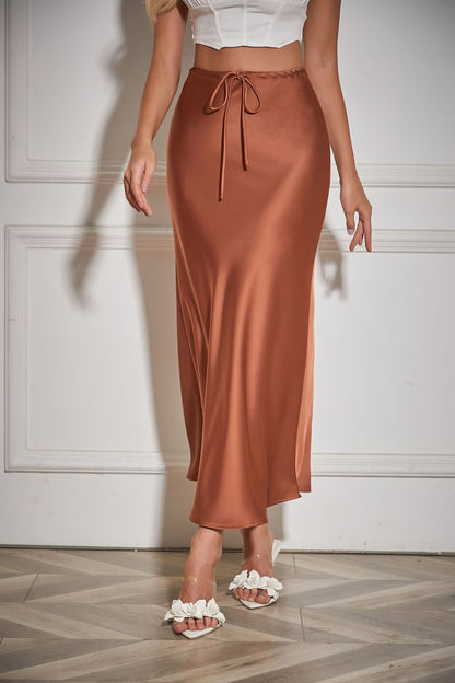 New In 2025 Spring Summer Solid Color Satin Long Skirt For Women High Waist Lace