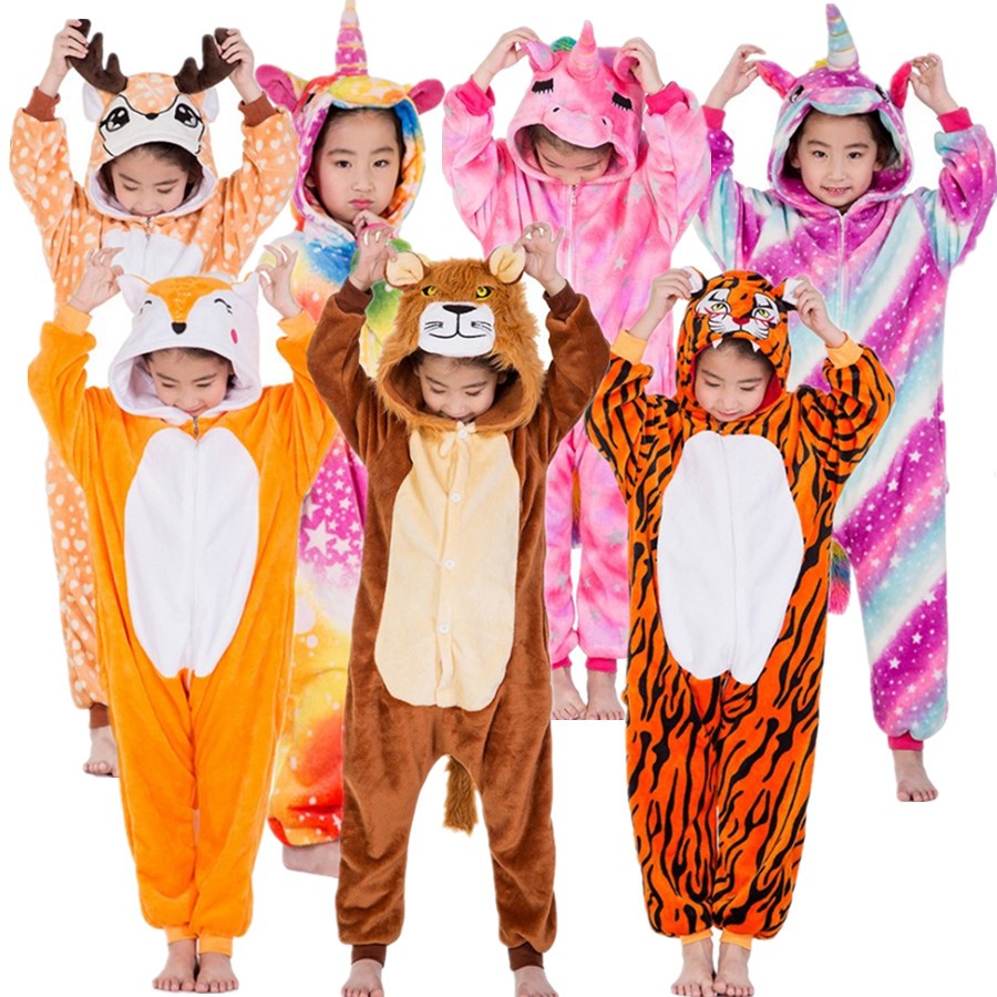 2-8Years Children's Unicorn Tiger Lion Fox Sika Deer Kigurumi Kid Onesie Pyjamas Cosplay Costumes for Halloween Carnival Party