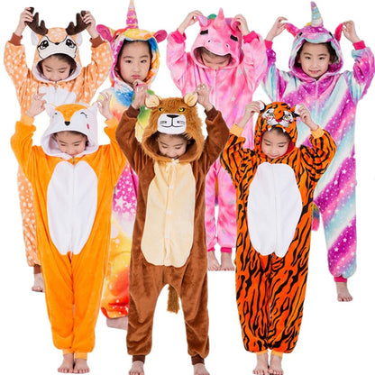 2-8Years Children's Unicorn Tiger Lion Fox Sika Deer Kigurumi Kid Onesie Pyjamas Cosplay Costumes for Halloween Carnival Party