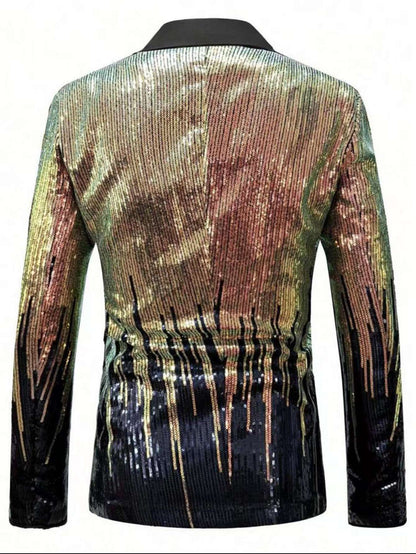 Shiny Sequin Tuxedo Jacket for Men - Royal Blue & Gold Gradient, Black Lapel, Formal Party/Wedding/Stage Wear? Coat.