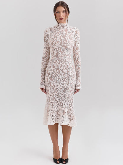 Mozision Lace Long Sleeve Sexy Midi Dress For Women Elegant White Half High Coll