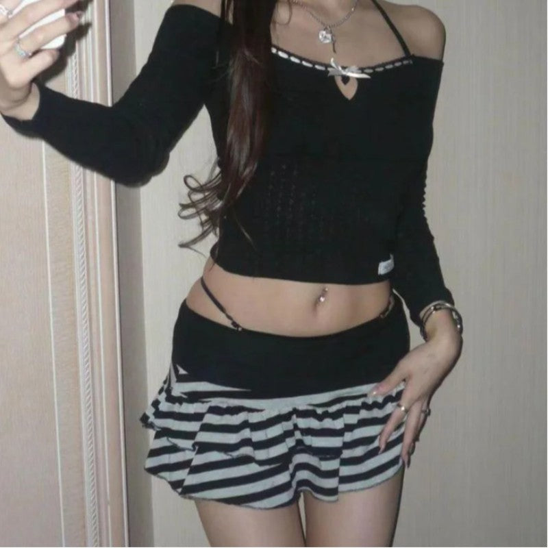 Dark Women Slim Clothes Japanese Summer Gothic Fashion Gray Striped Skirt Casual Vintage Y2K E-girl Sweet Harajuku Short Skirt