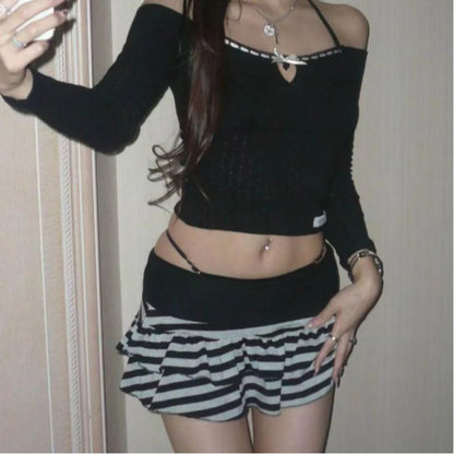 Dark Women Slim Clothes Japanese Summer Gothic Fashion Gray Striped Skirt Casual Vintage Y2K E-girl Sweet Harajuku Short Skirt