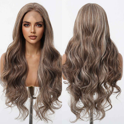 HENRY MARGU Peruca Frontal Lisa Ondulada Marrom Mista Longa Peruca Sintética Natural Ondulada 13x4 Frontal de Renda Cabelo Falso para Mulheres Raiz Escura