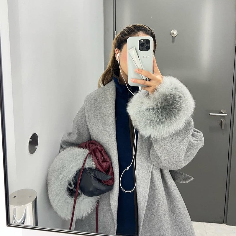 Elegant Faux Fur Cuffs Woolen Coat With Belt For Women Fashion Lapel Long Sleeve Lace Up Maxi Jacket Lady 2025 Autumn Outerwear