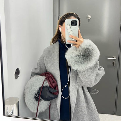 Elegant Faux Fur Cuffs Woolen Coat With Belt For Women Fashion Lapel Long Sleeve Lace Up Maxi Jacket Lady 2025 Autumn Outerwear