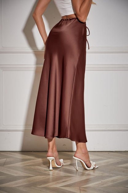 New In 2025 Spring Summer Solid Color Satin Long Skirt For Women High Waist Lace