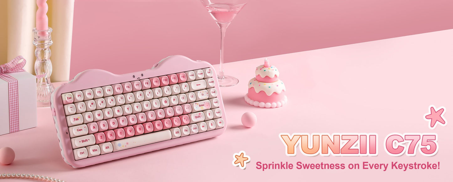 Teclado Mecânico Sem Fio Rosa YUNZII C75, Teclado RGB Hotswap Cremoso 75%, Suporte Gasket Design Cute Cake para Win/Mac/Gaming