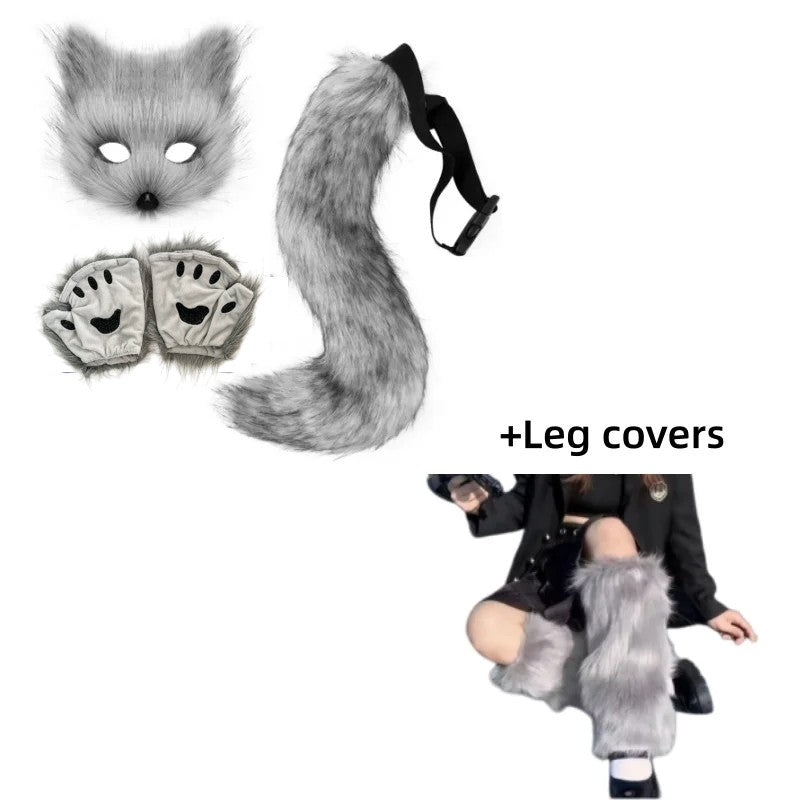 Costume Set Fox Tail Ears Gloves Artificial Fur Boot Covers Cosplay Halloween Prop Adult Women Men Unisex