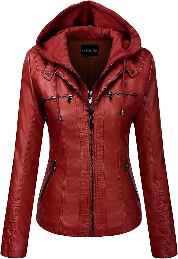 Hooded Leather Jacket Two-Piece Set Removable Large Size Leather Jacket for Women Spring & Fall Outwear for Women Pu Washed Leather