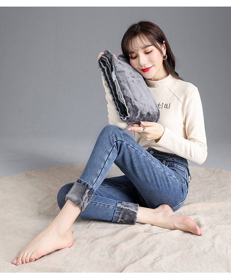High Waist Slim Fit Fleece Lined Thickened Pencil Long Jeans Women's Autumn Winter New Style Fashionable And Elegant