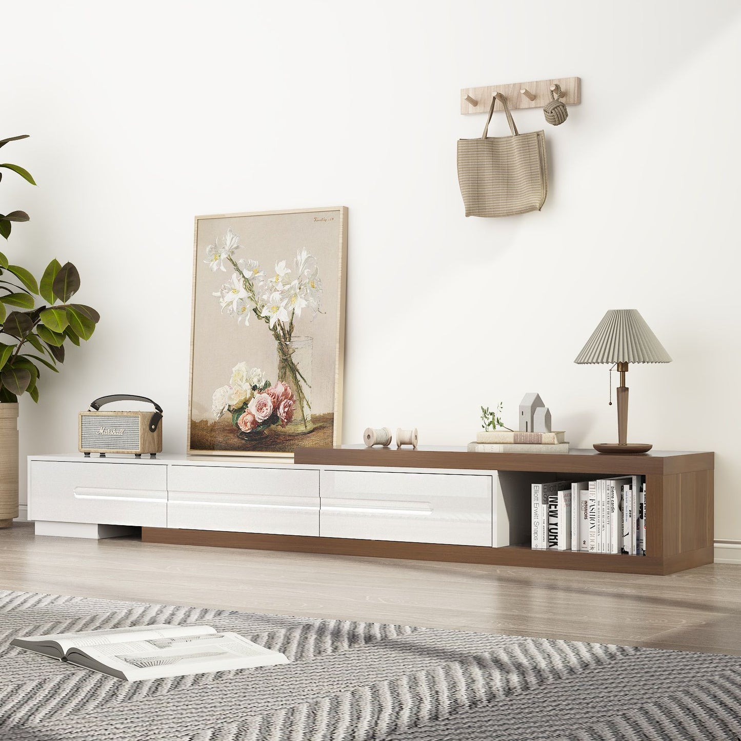 82-110'' Extendable TV Stand for Up to 120"TV, Wood Reversible TV Media Console w/3 Drawers & Open Storage Shelf for Living Room