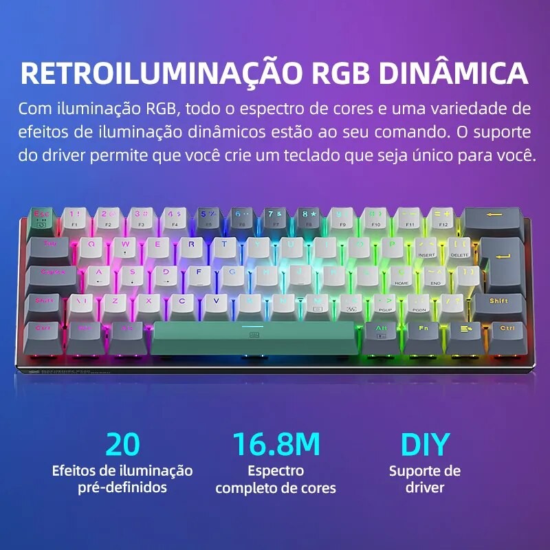 Teclado Mecânico Mini Machenike K500-B61 60% Layout ABNT2 Retroiluminação RGB Hot-swappable NKRO Com Fio Para Jogos Gamer PC