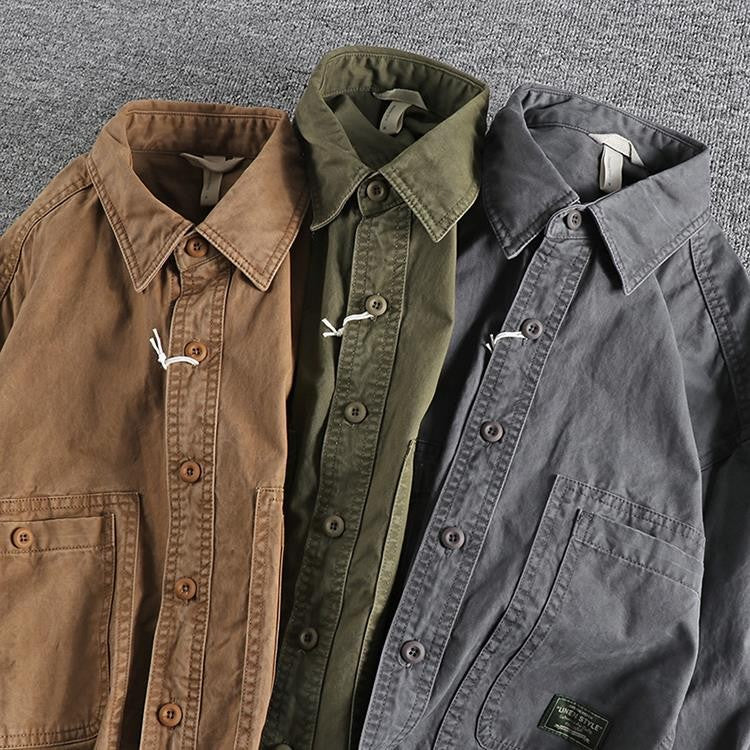 2025 Autumn New American Retro Woven Twill Cargo Shirt Men's Fashion 100% Cotton Washed Long Sleeve Double Pocket Casual Jacket