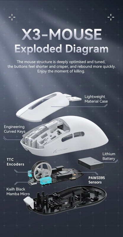 Mouse Gamer Sem Fio Attack Shark X3 49g Ultraleve Sensor PAW3395 26K DPI Tri-Mode Macro Programável RGB para PC/Mac