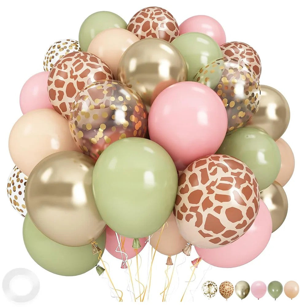 Pink Jungle Safari Balloons, 35pcs Sage Green Pastel Pink Gold Balloon with Animal Print for Girls Birthday Party Decorations