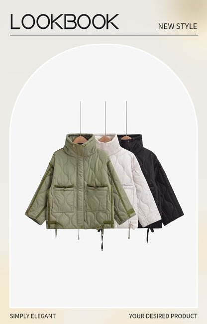 2024 autumn new women's fashion pocket decoration loose long sleeved stand collar diamond grid cotton jacket short jacket