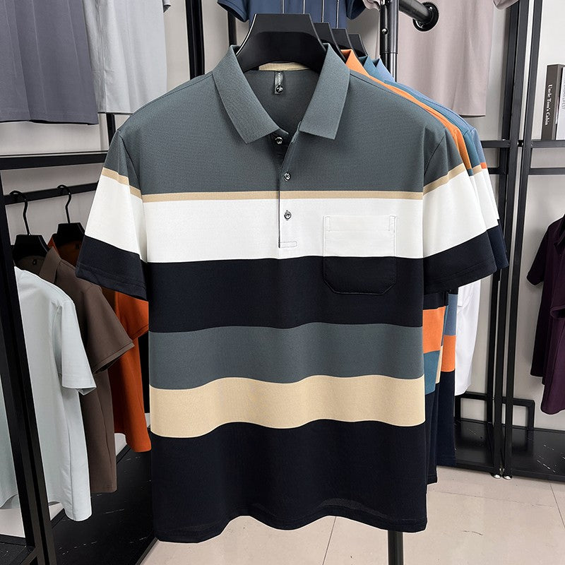 High-quality short sleeve polo shirt men fashion color striped pocket design summer new breathable trendy casual lapel T-shirt