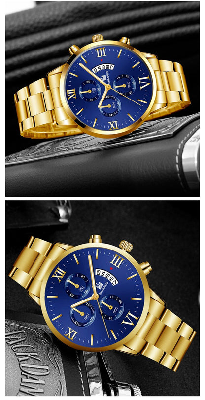 Mens Fashion Business Quartz Watch Fashion Fake Three Eye Six Pin Calendar Men Watch Stainless Steel Belt Men Watches