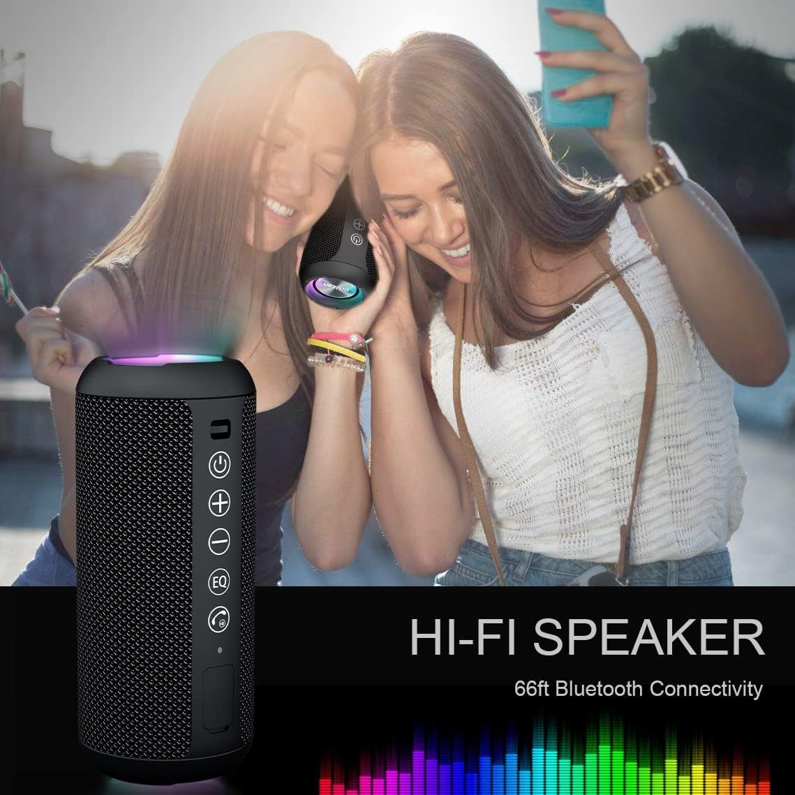 Caixa de Som Portátil Sem Fio Bluetooth 5.3 Ortizan, Graves Potentes, Luzes RGB, À Prova d'Água IPX7, TWS, Entrada AUX e Cartão TF, Ideias para Presente
