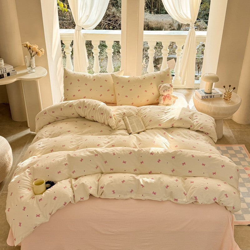 INS Cute Bow Bedding Set for Girls Women Soft Bed Sheet Set Pillowcase Single Twin Full 200x230cm Kawaii Duvet Cover Set