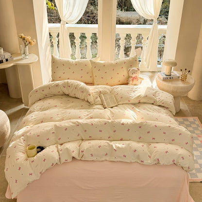 INS Cute Bow Bedding Set for Girls Women Soft Bed Sheet Set Pillowcase Single Twin Full 200x230cm Kawaii Duvet Cover Set