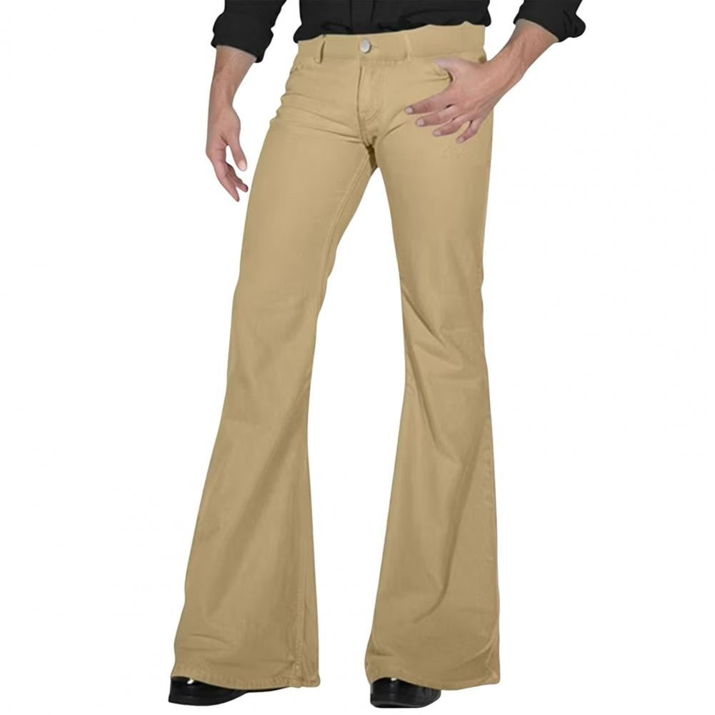 Calças masculinas boca de sino retrô calças masculinas de cor sólida de cintura média calças clássicas casuais dos anos 70 com zíper e boca de sino para homens
