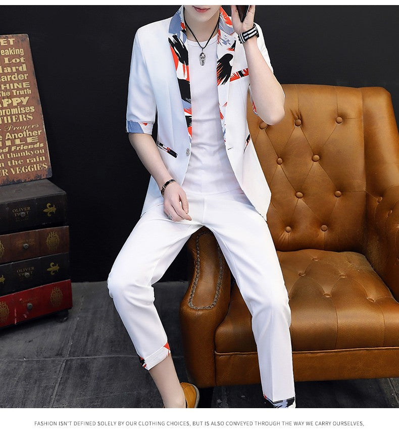 Summer 2025 Korean Slim Fit Short Sleeve Suit Casual Thin British Style Seven-Point Mid-Sleeve Suit for Men