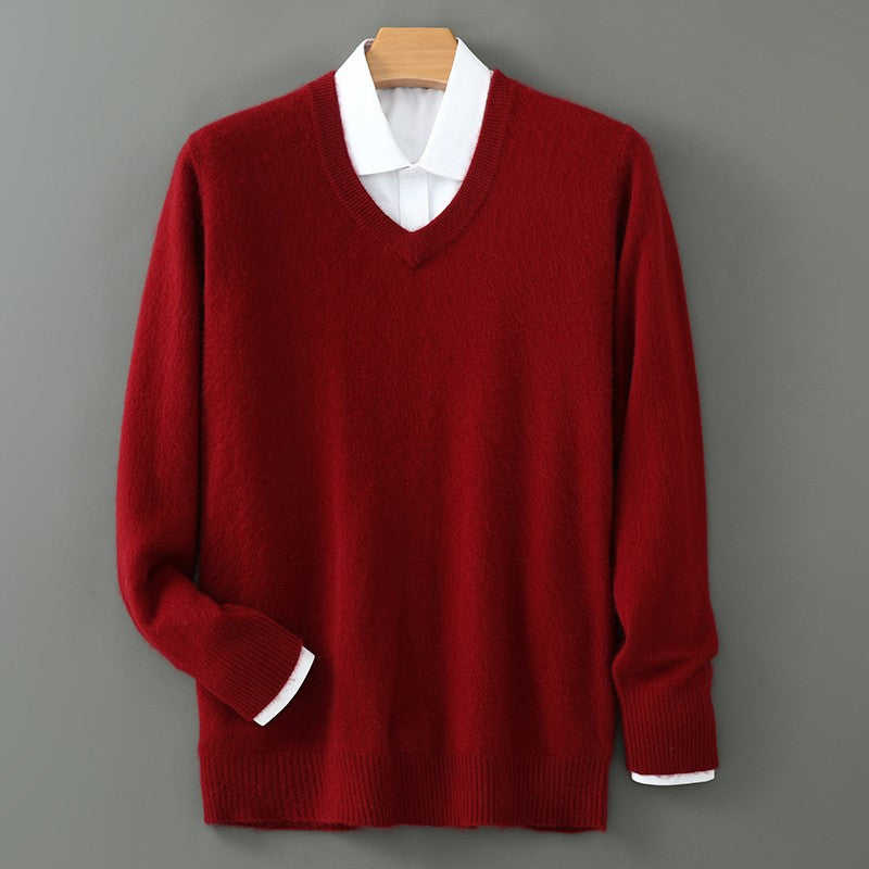 Autumn And Winter New Warm Pure Mink Cashmere Sweater Men's V-neck Pullover Thickened Plus Size Knitted Bottoming Shirt